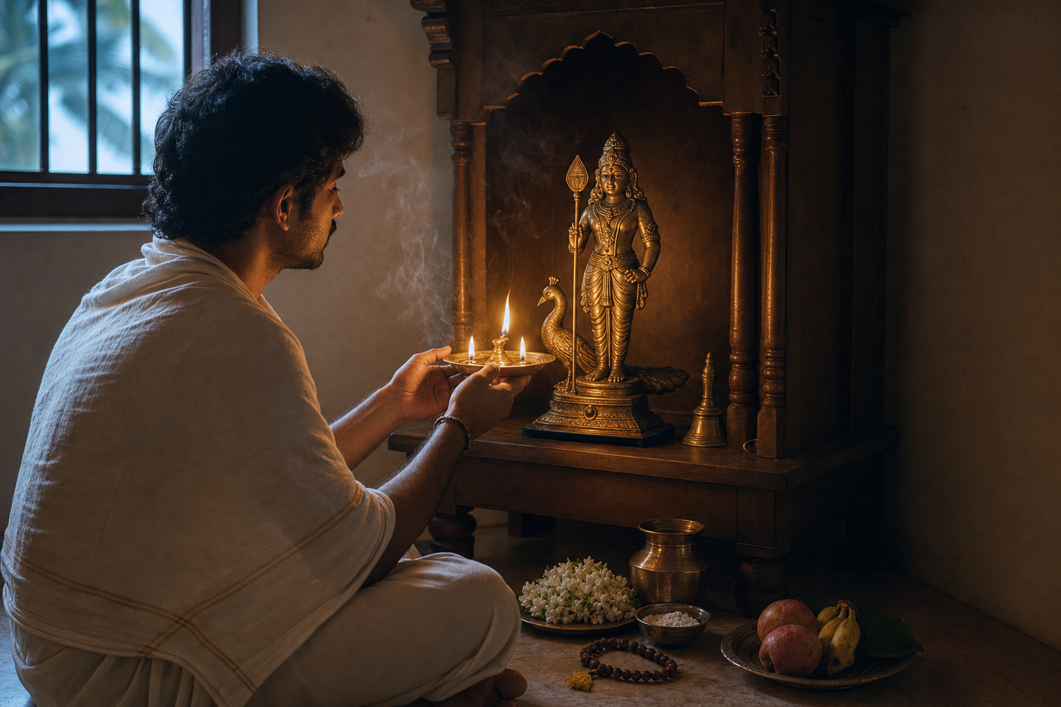 A seated devotee offers a brass oil lamp before a small bronze Murugan shrine decorated with jasmine and ritual objects.
