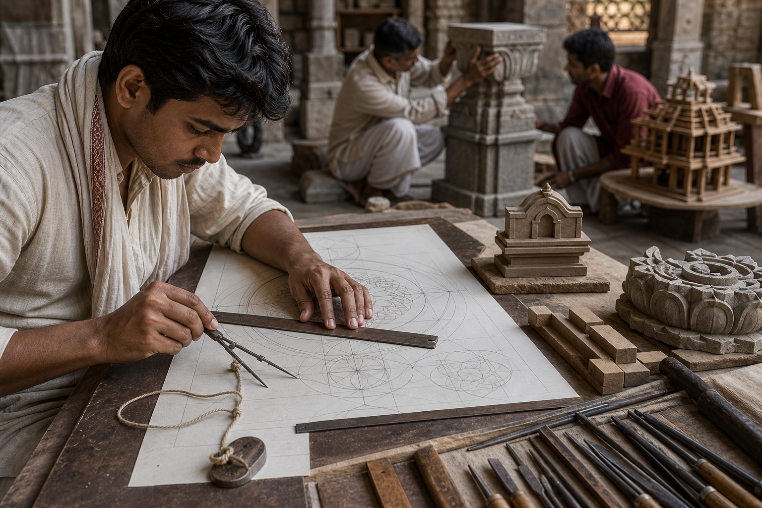 A student practices measured drawing beside clay, wood, and carved stone studies while a teacher checks an architectural carving.
