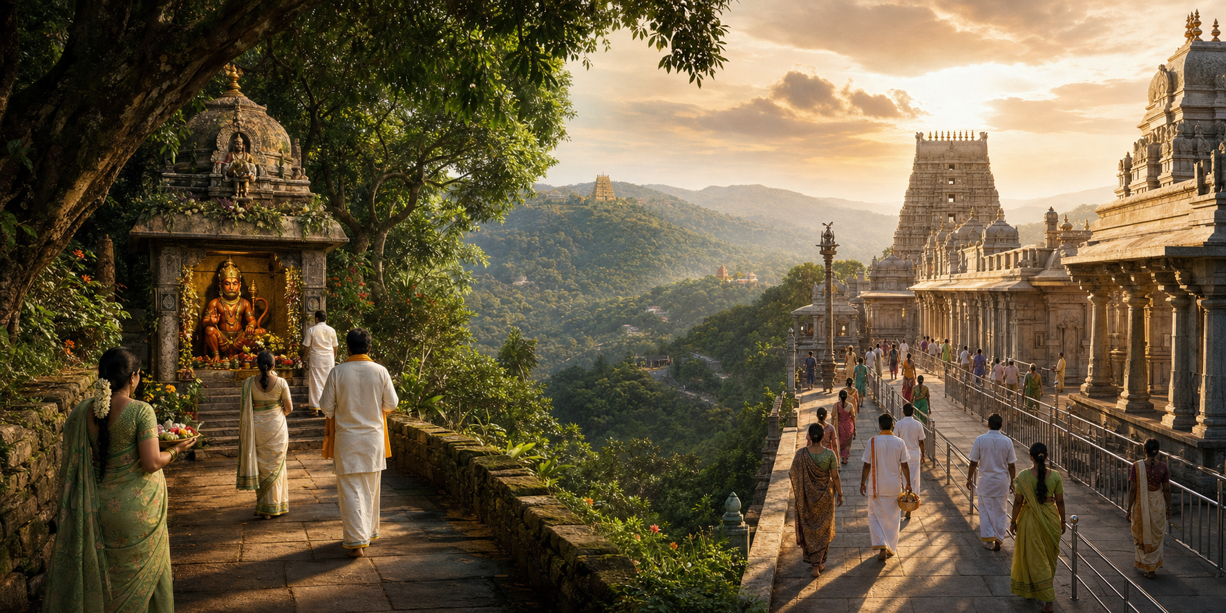 Pilgrims visit a forest-side Hanuman shrine and a separate large South Indian temple complex in the Tirumala hills.
