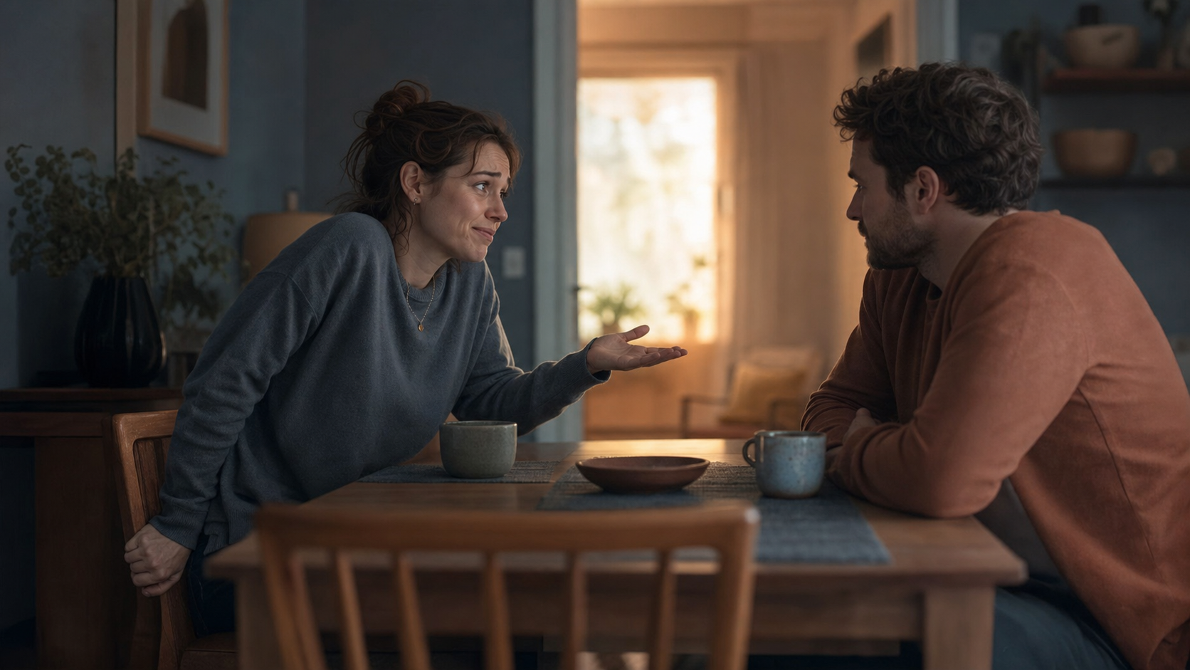 A tense person gestures agreement across a dining table while gripping the chair with their other hand.