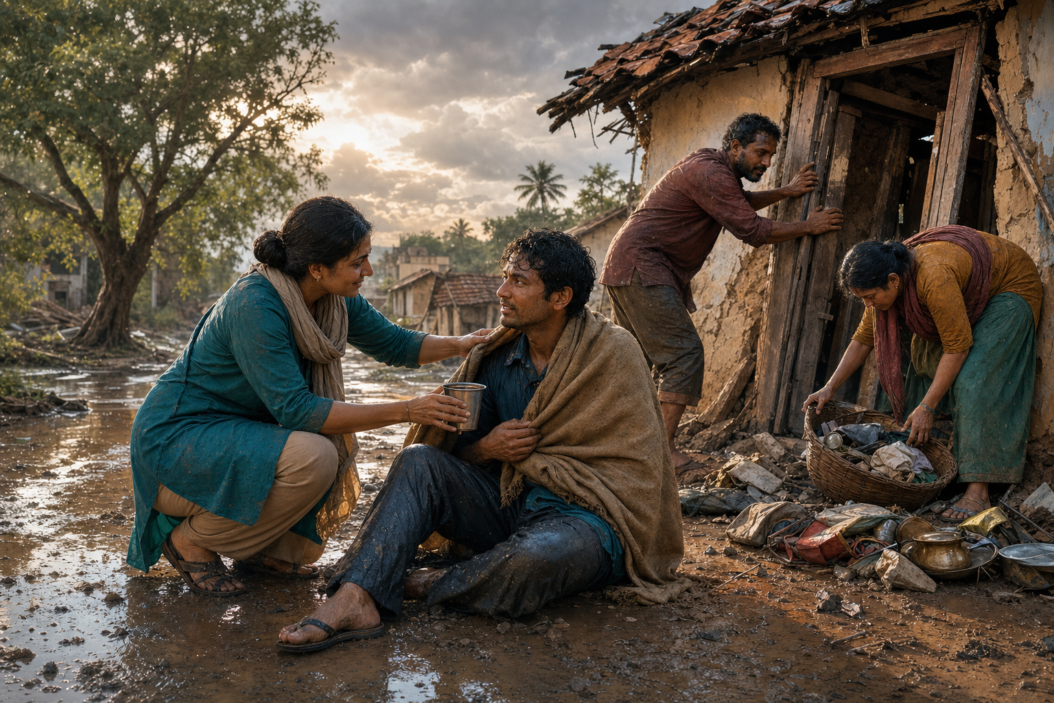 One adult offers water and a dry shawl to a person seated on a rain-soaked path while neighbors repair a damaged doorway nearby.