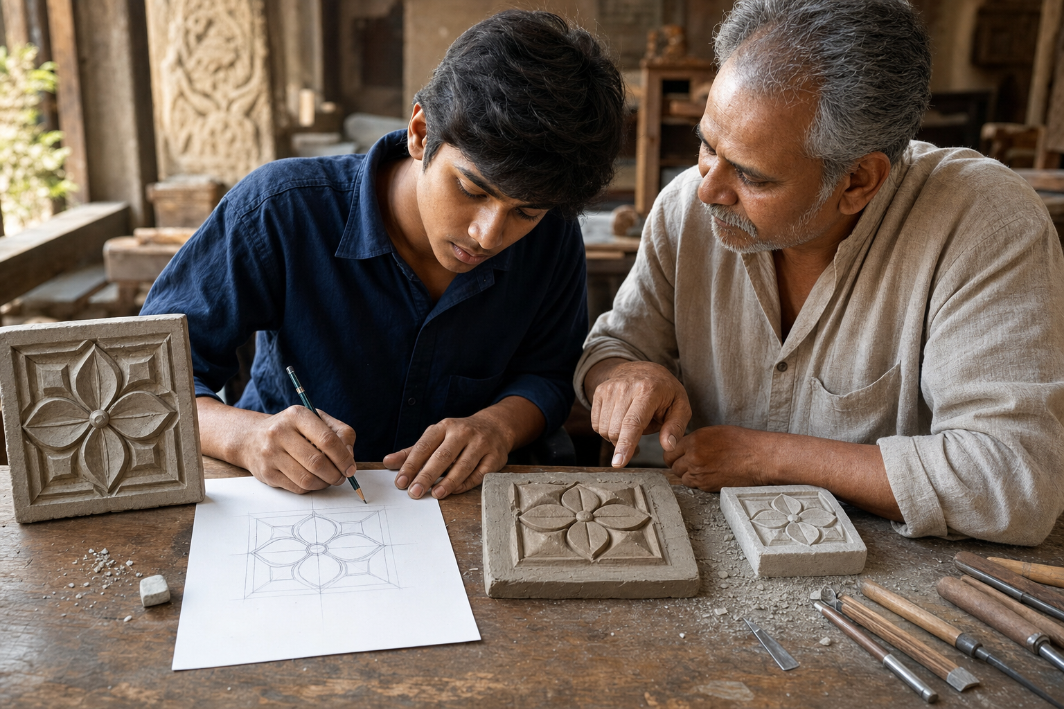A student repeats one floral design through observation, measured drawing, clay modeling, and practice stone carving.