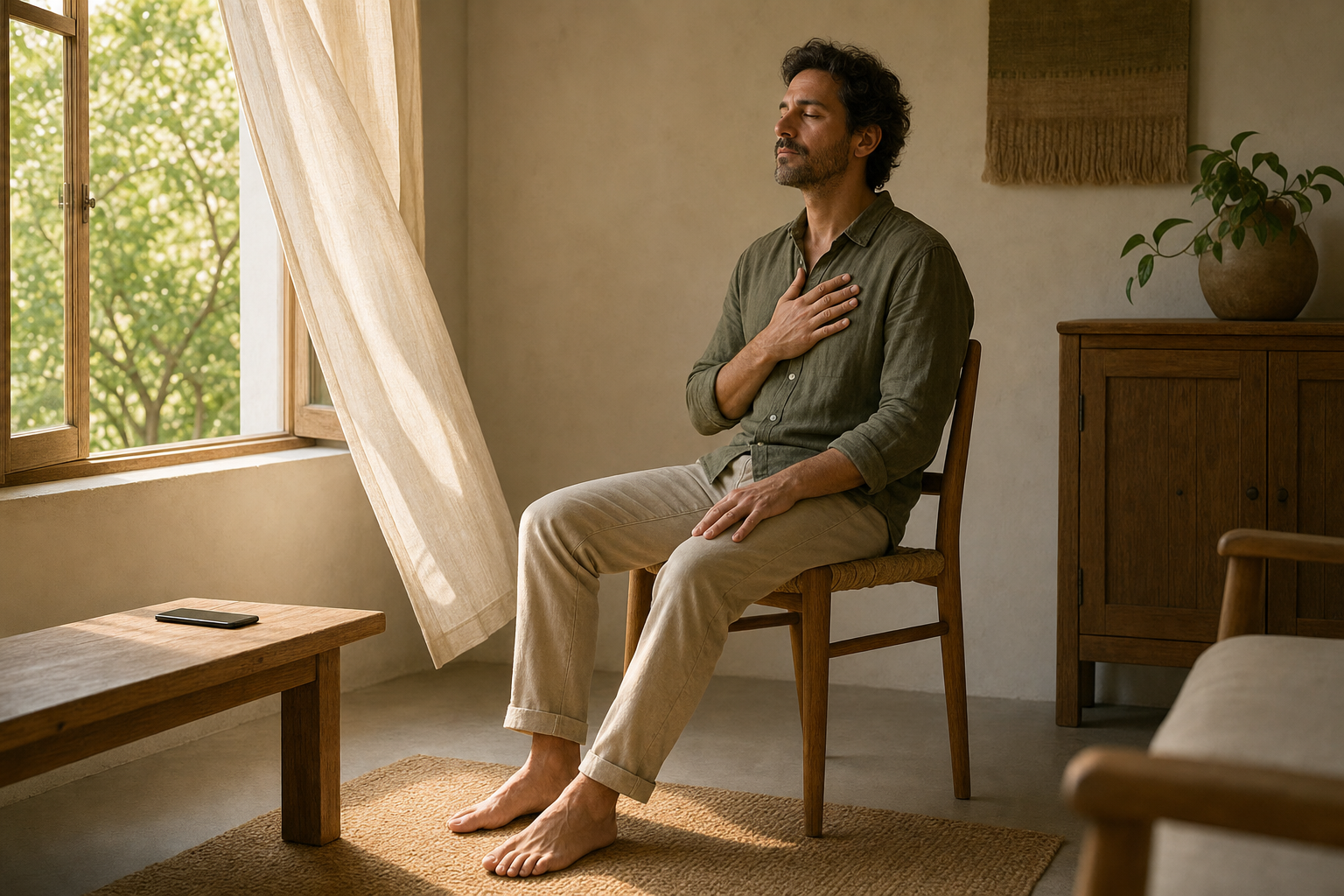 A seated person pauses with both feet on the floor and one hand on their chest beside an open window.