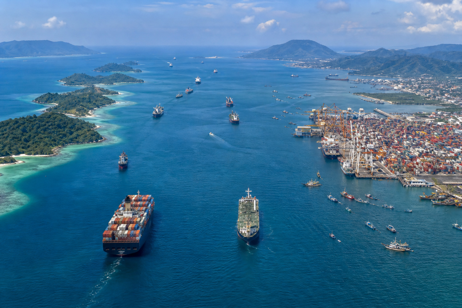 An aerial view shows commercial ships, fishing boats and ports moving through an ocean passage between a continental coast and tropical island chains.