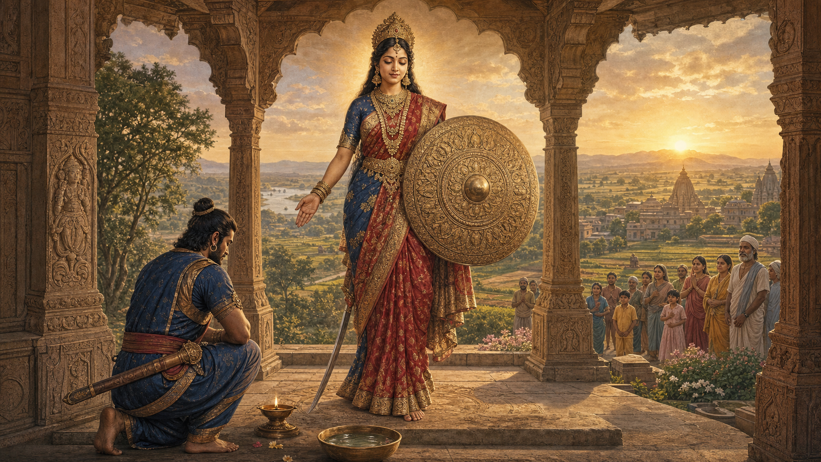 An allegorical Aparajita stands with a lowered sword, shield, and open hand above a kneeling guardian whose weapon remains sheathed, while dawn illuminates a peaceful town and fields behind them.