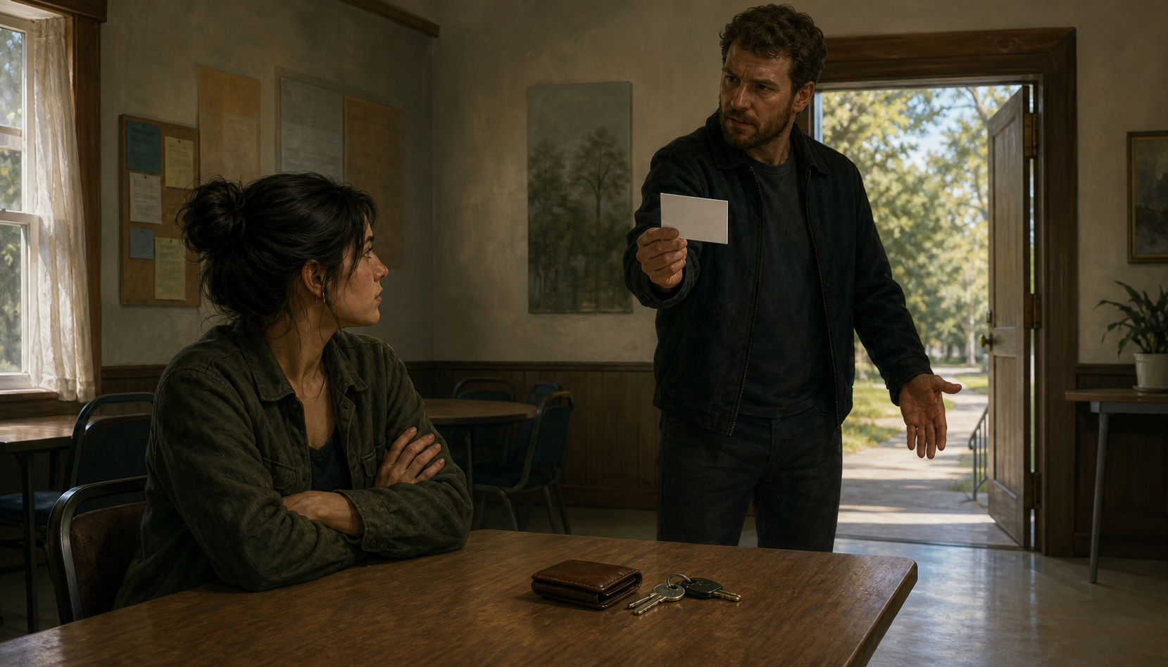 One person presents a blank card while blocking a doorway as another person sits beside their wallet and keys.