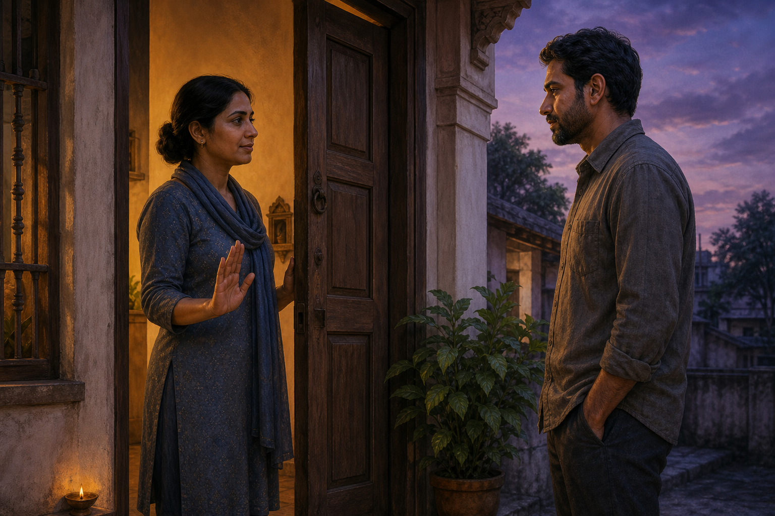 Two adults speak calmly at a partly closed doorway as one makes a gentle open-palm gesture.