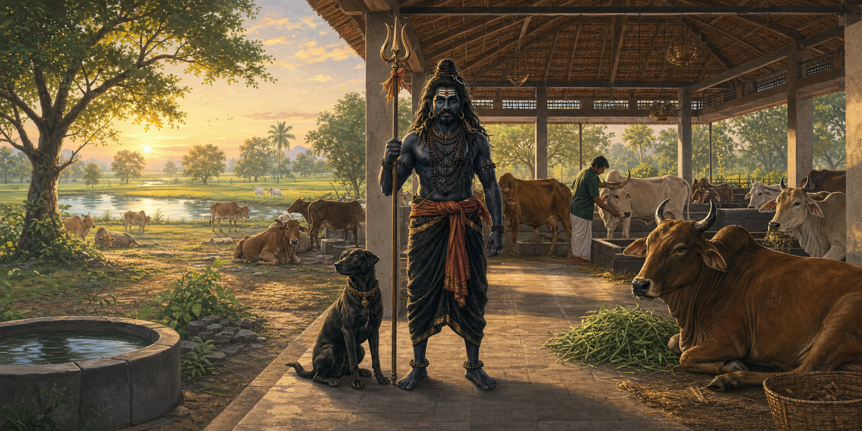 Bhairava stands with a trident and a black dog at the entrance to a clean cattle shelter where cows have shade, fresh fodder, water, and attentive care.