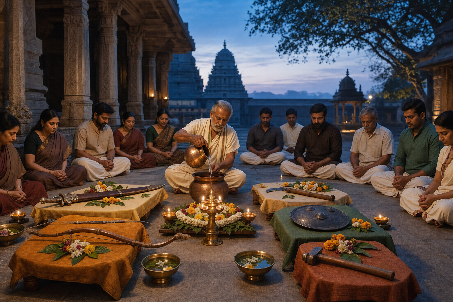 People sit quietly in a temple courtyard around a central lamp and water vessel, with a sheathed sword, bow, shield, farming tool, and hammer arranged on flower-decorated platforms.