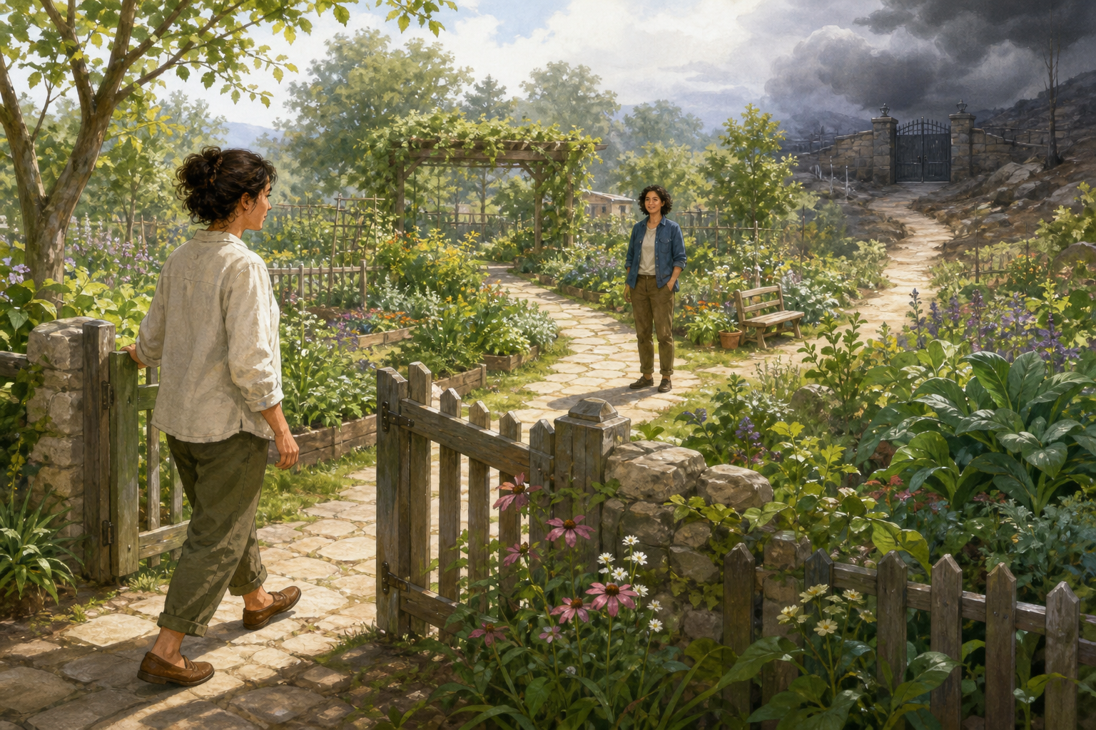 A person takes a small step through a garden gate with a supportive companion nearby and a closed gate blocking a distant stormy path.