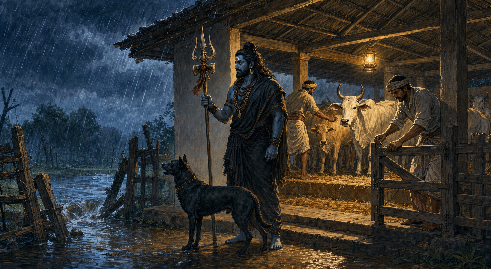 Bhairava and a black dog keep watch during a monsoon storm as carers secure a cattle-shelter gate and move cows onto dry bedding.