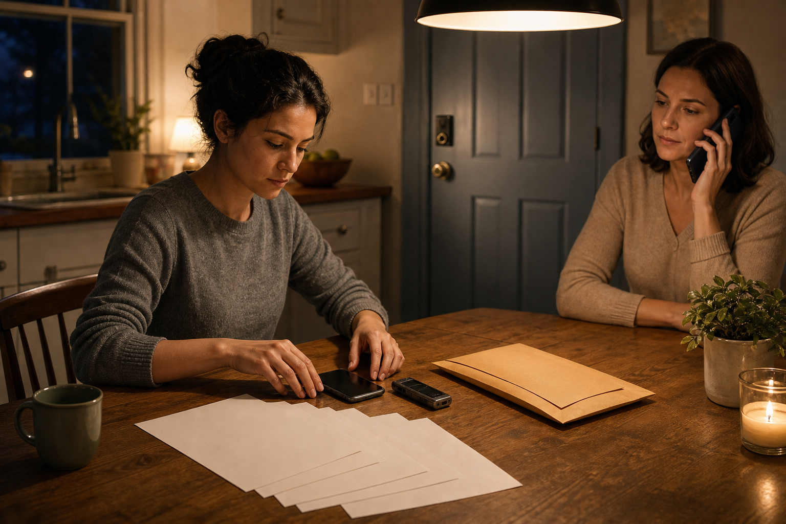 A person organizes a phone, recorder, blank documents, and an evidence envelope at a locked-door kitchen table while a companion makes a call.