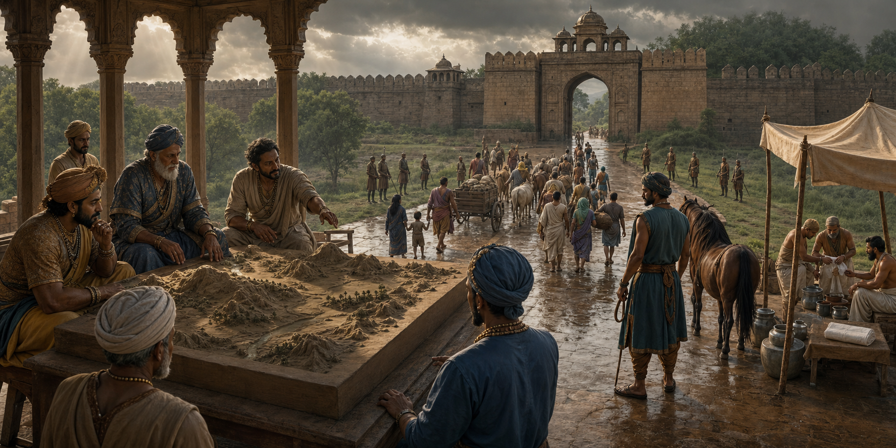 A council deliberates near an ancient city gate while civilians follow a protected road, healers prepare supplies, and distant guards keep their weapons lowered or sheathed.