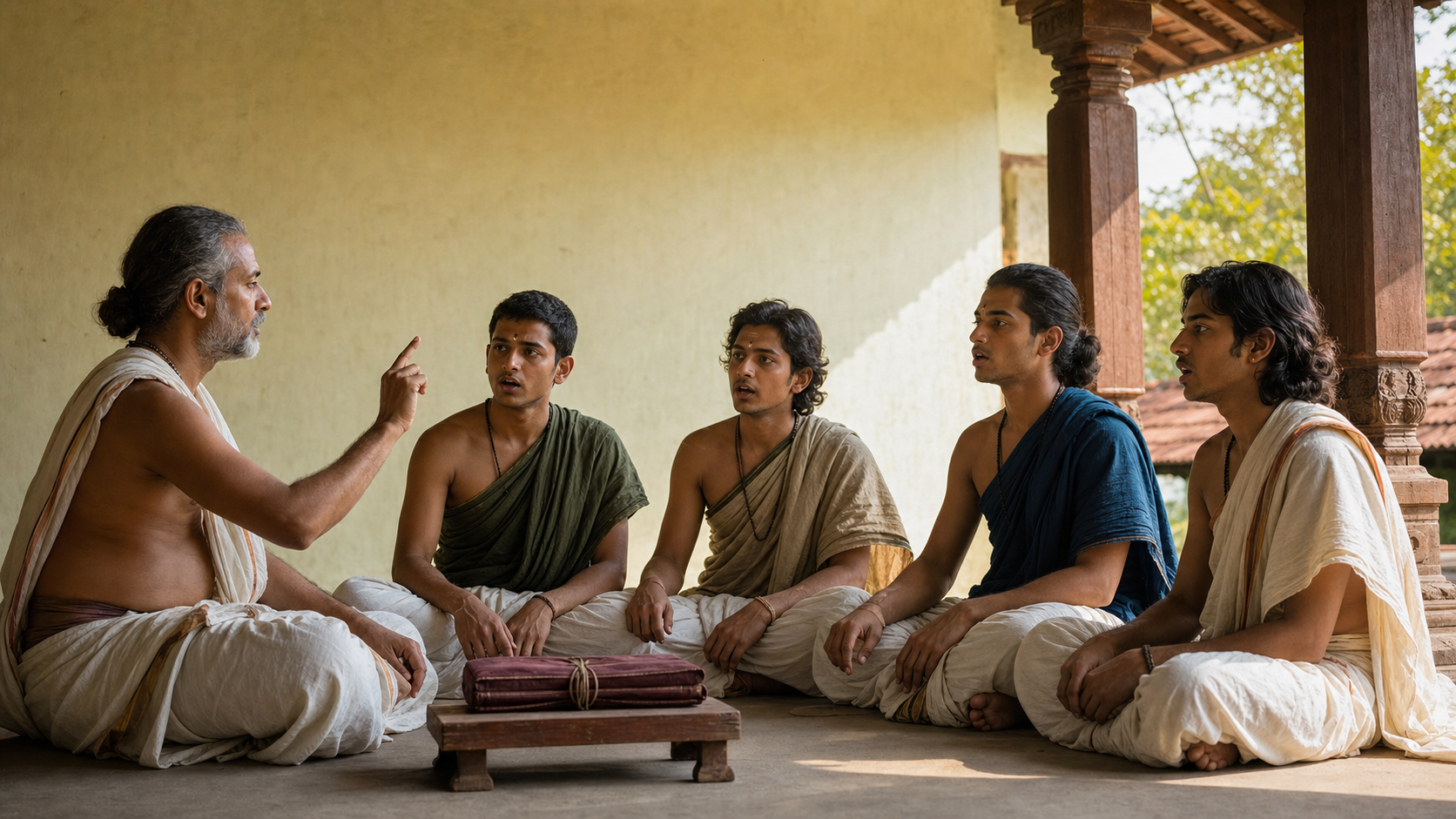 A Vedic teacher uses a hand gesture while four seated students recite together on a sunlit veranda.