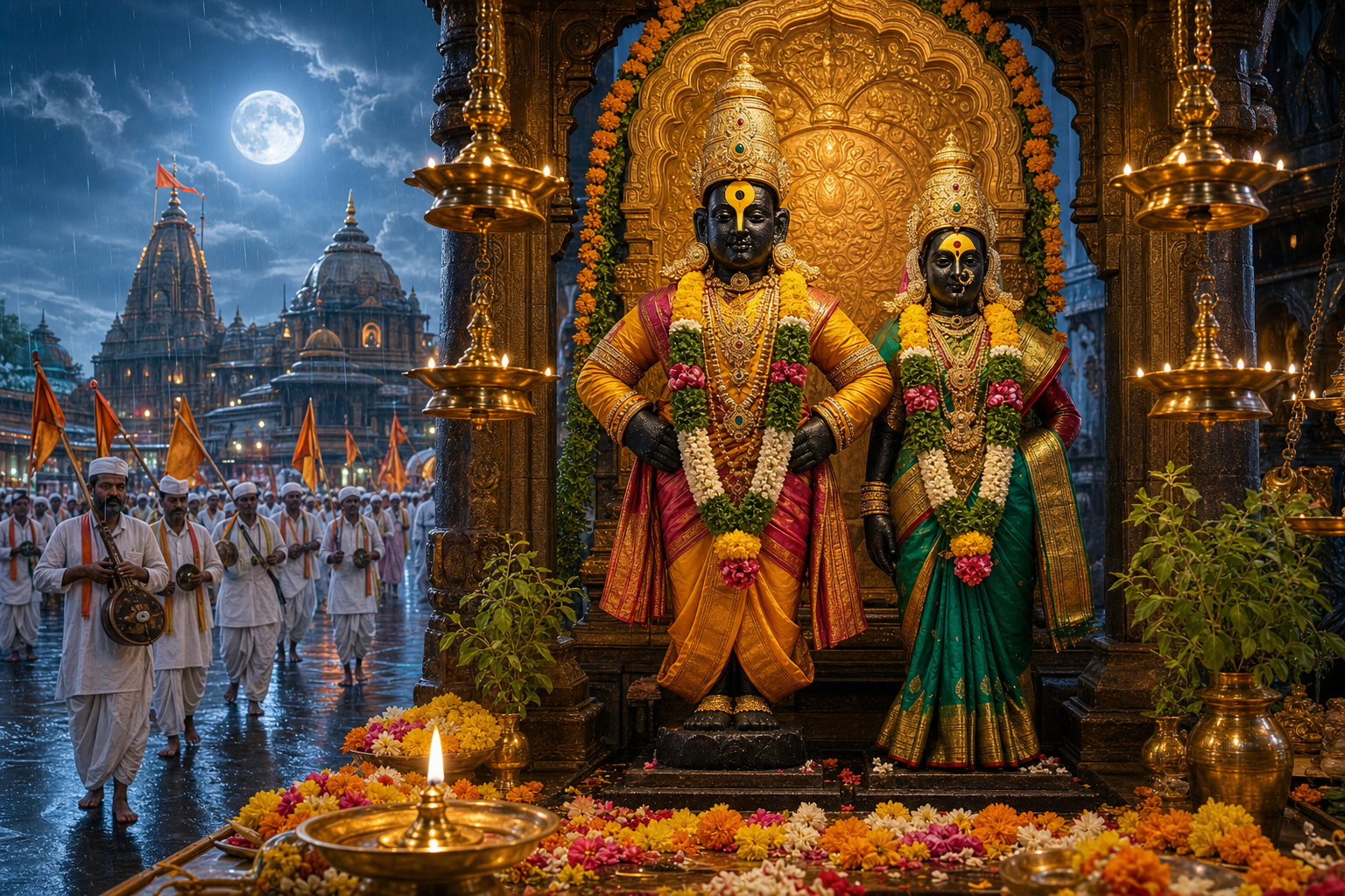 Vitthal and Rukmini murtis in a Pandharpur temple with lamps, flowers, monsoon moonlight, and Varkari pilgrims.