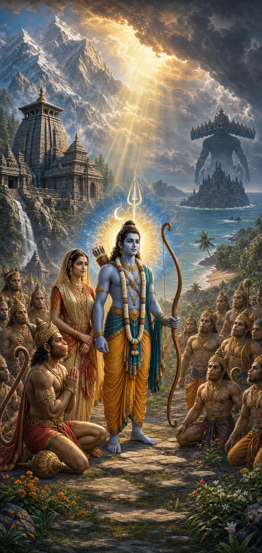Rama, Sita, Hanuman, and Vanara allies stand beneath a unified Shiva-Vishnu aureole, with Ravana's distant silhouette beyond a sacred mountain landscape.