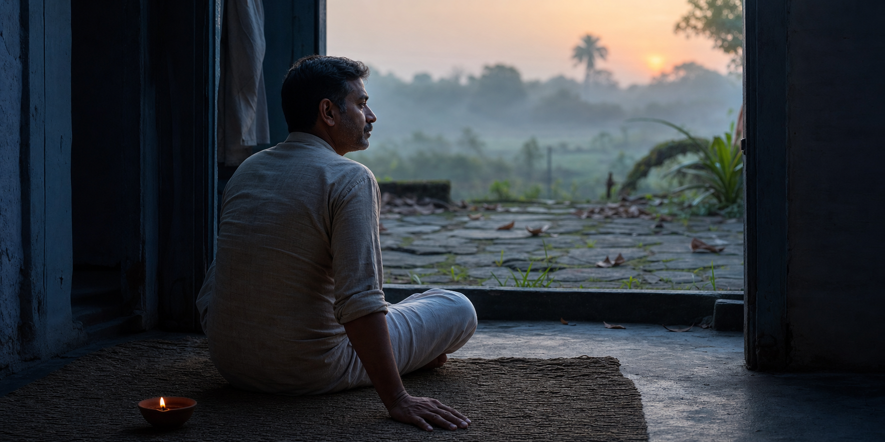 A person sits beside an open doorway at dawn near a burning clay lamp, dry leaves, and green shoots growing between courtyard stones.