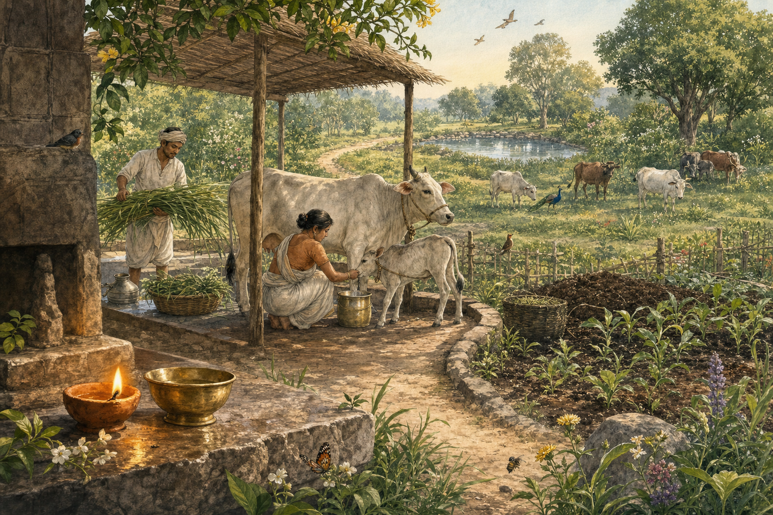 A clay ghee lamp sits before a landscape where a cow is gently milked, cattle receive fodder, manure is composted, fields grow, and rainwater collects in a pond.