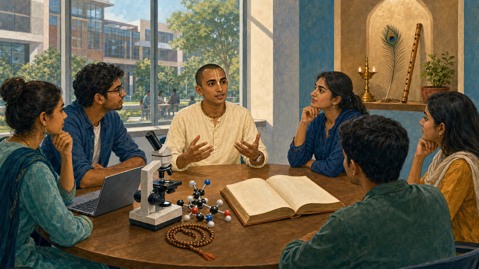 A Vaishnava educator with tilaka and tulasi beads speaks with students at a university table holding a microscope, laptop, molecular model, book, and japa beads, with a small devotional niche behind them.