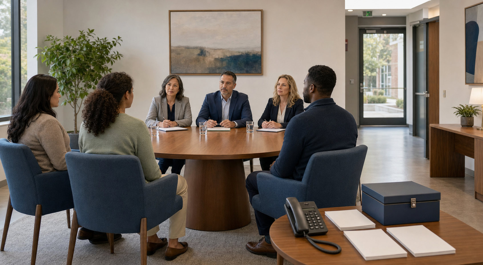 A neutral three-person panel listens to participants seated equally around a round table in a public-service office with blank forms and a secure records box nearby.