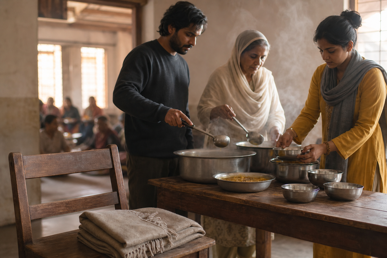 Three generations prepare and serve food in a community kitchen beside an empty chair holding a folded shawl.