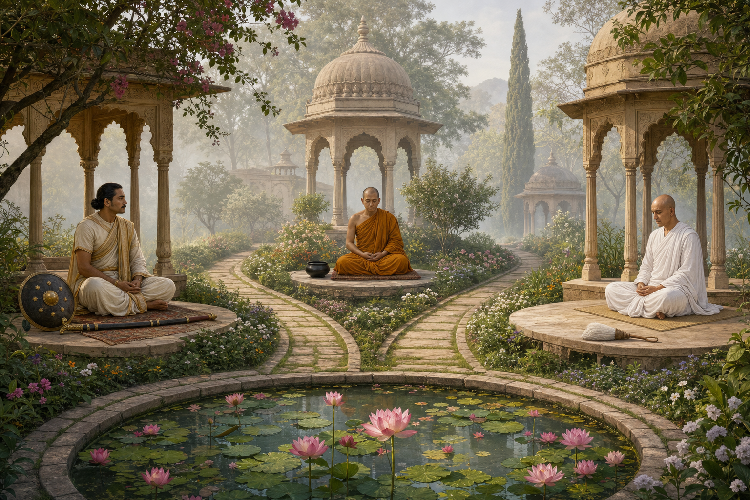 A householder beside a sheathed sword, an ochre-robed monastic beside an alms bowl, and a white-clad mendicant beside a soft broom sit separately around a quiet lotus pond.