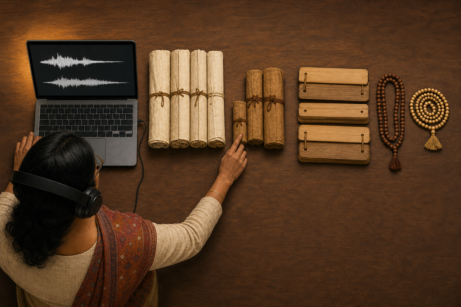 A headphone-wearing researcher compares two unlabeled audio waveforms beside four groups of manuscript and recitation objects.