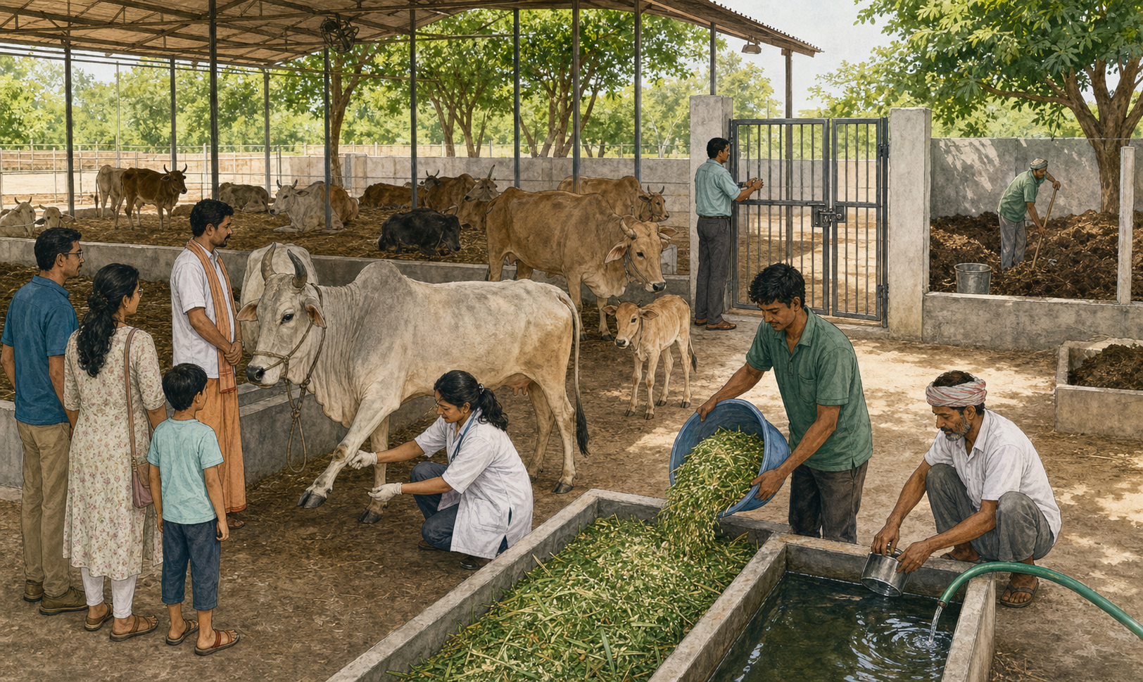 A veterinarian, shelter workers, volunteers, and visitors observe a cow examination, measured fodder, clean water, dry bedding, shade, and a secure cattle enclosure.