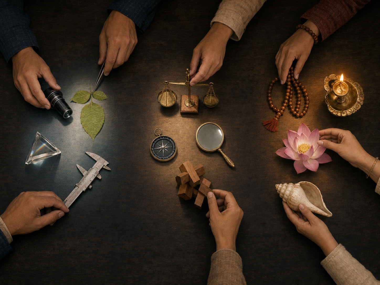 Hands sort a microscope lens, reasoning tools, and devotional objects into three separate areas on a wooden desk.
