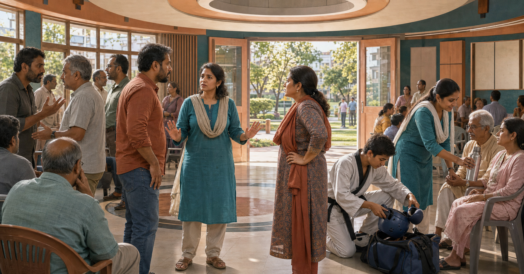 A woman mediates between two upset people in a community hall while a martial arts student helps an older person and a volunteer offers water to a seated family.