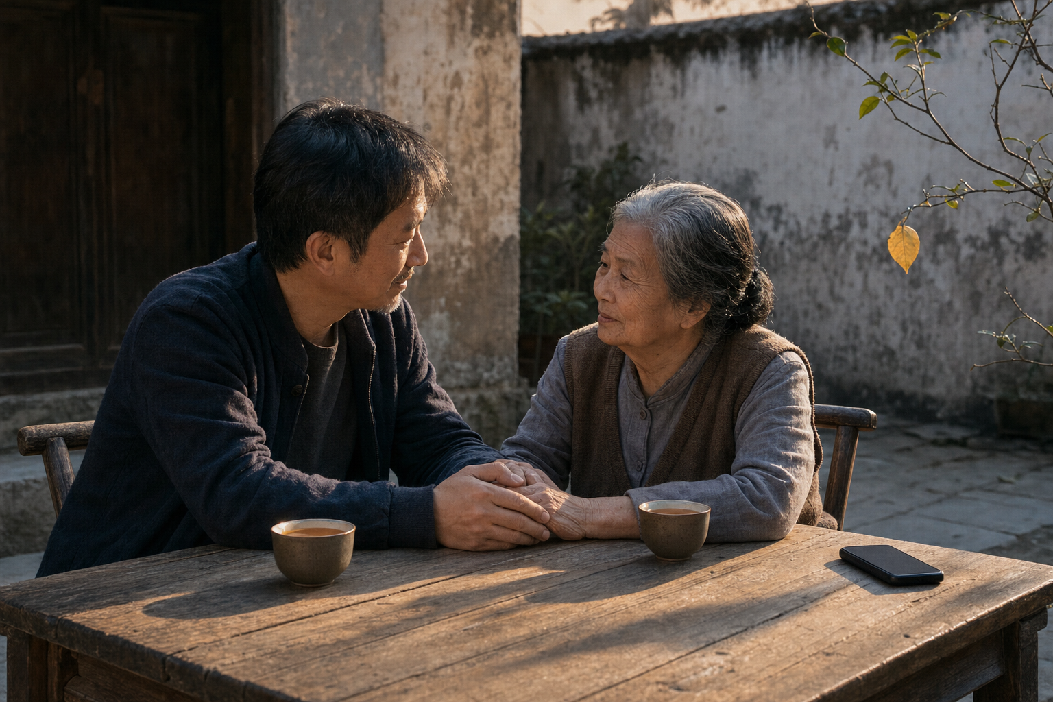 An adult listens to an elderly parent over tea in a sunlit courtyard, with a phone placed face down on the table.