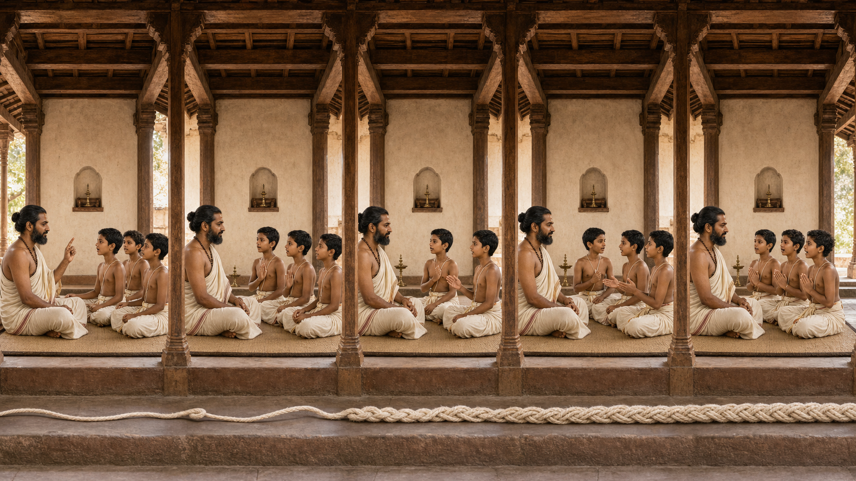 A teacher and three students repeat a recitation in several individual, alternating and synchronized arrangements.