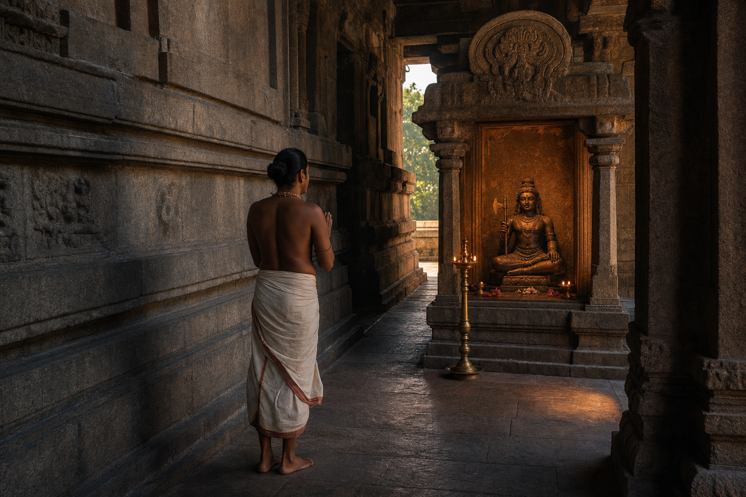 A devotee pauses with folded hands before a seated axe-bearing Chandesha in a small shrine along the northern side of a Chola Shiva temple sanctum.