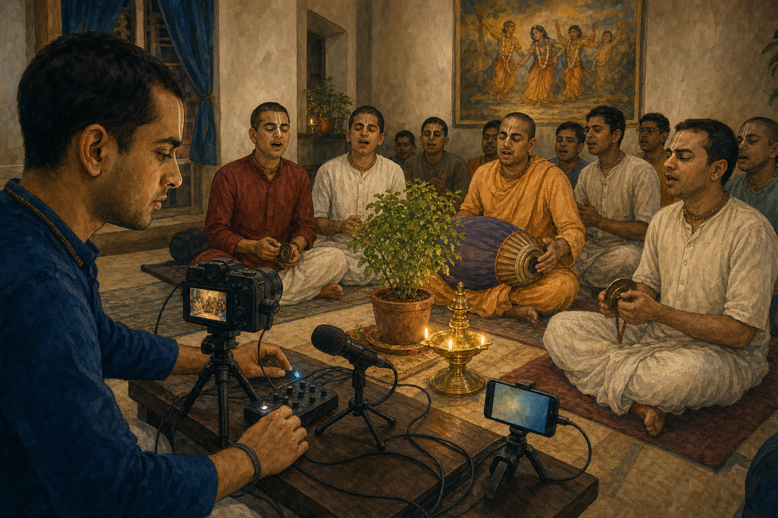 A Vaishnava volunteer operates a camera, phone, microphone, and audio controls while a small group performs kirtan in a community hall.