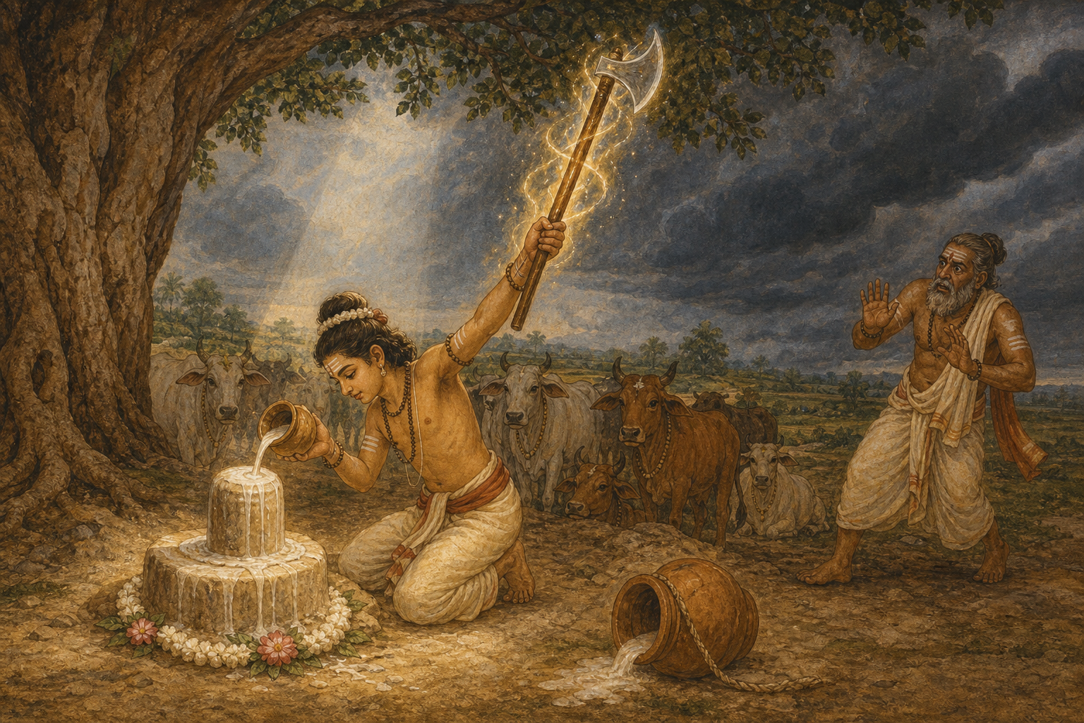 A young cowherd worships a sand linga with milk as a fallen vessel and a transforming staff evoke the crisis in Chandesha's legend.