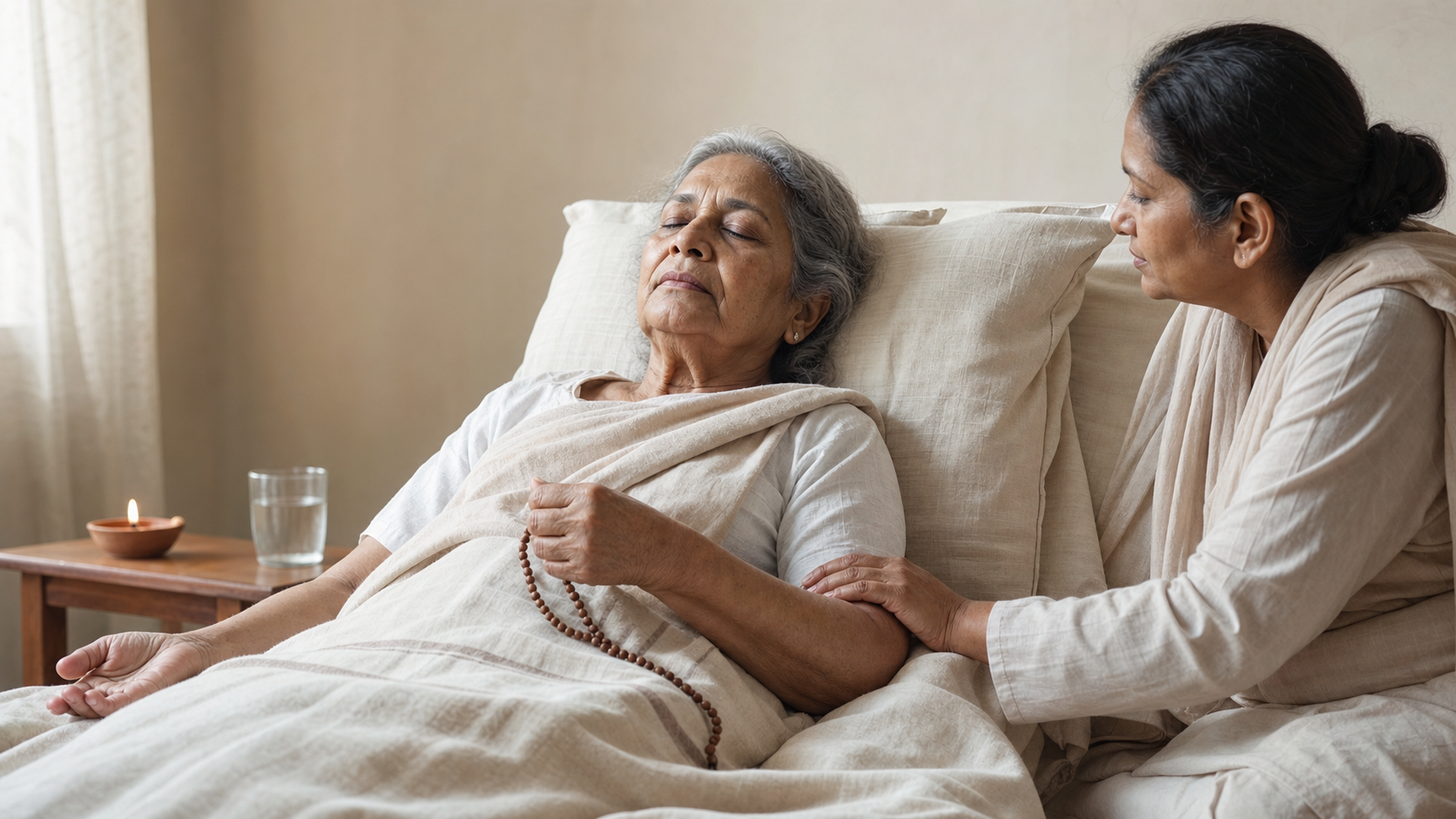 A tired older person rests in bed holding plain wooden beads while a caregiver gently touches their forearm.
