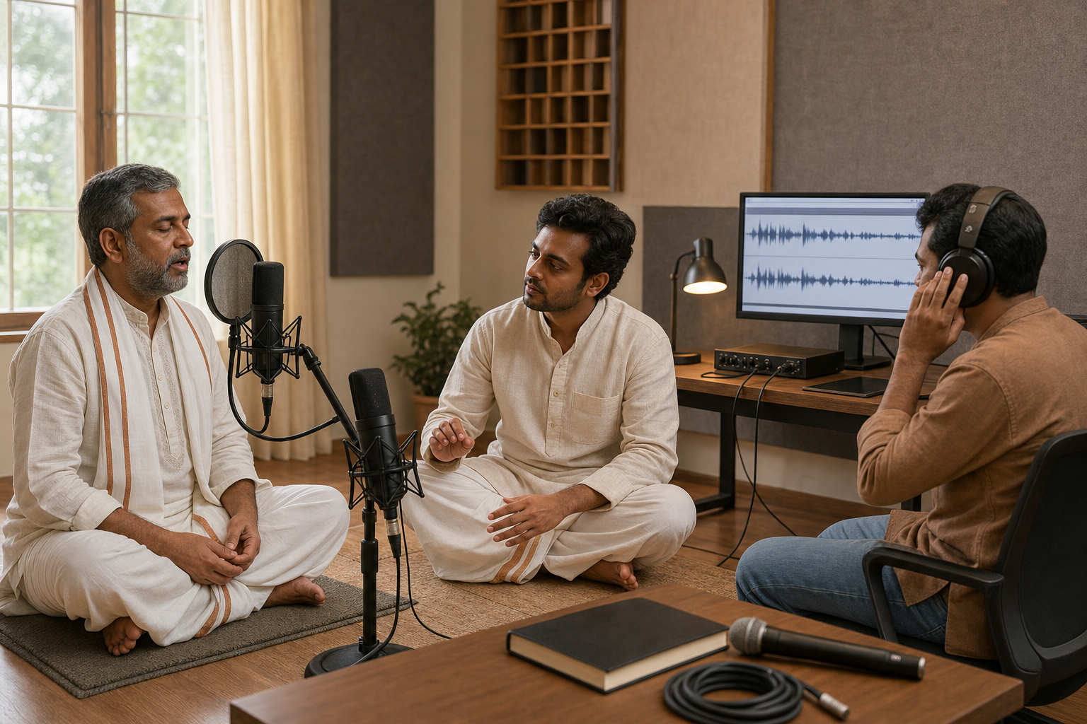 A reciter, a listening reviewer and an archivist conduct a microphone recording session in a quiet room.
