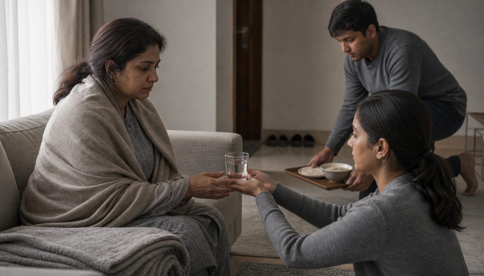 A relative offers water to a grieving person while another household member brings a tray of simple food.