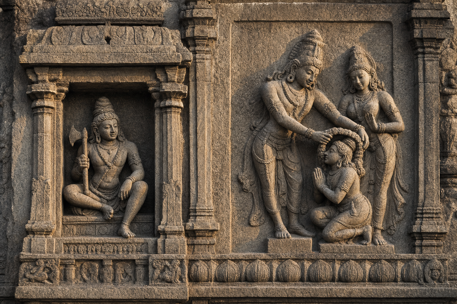 A Chola-style temple niche shows seated axe-bearing Chandesha beside a relief of Shiva and Parvati honoring the kneeling devotee.