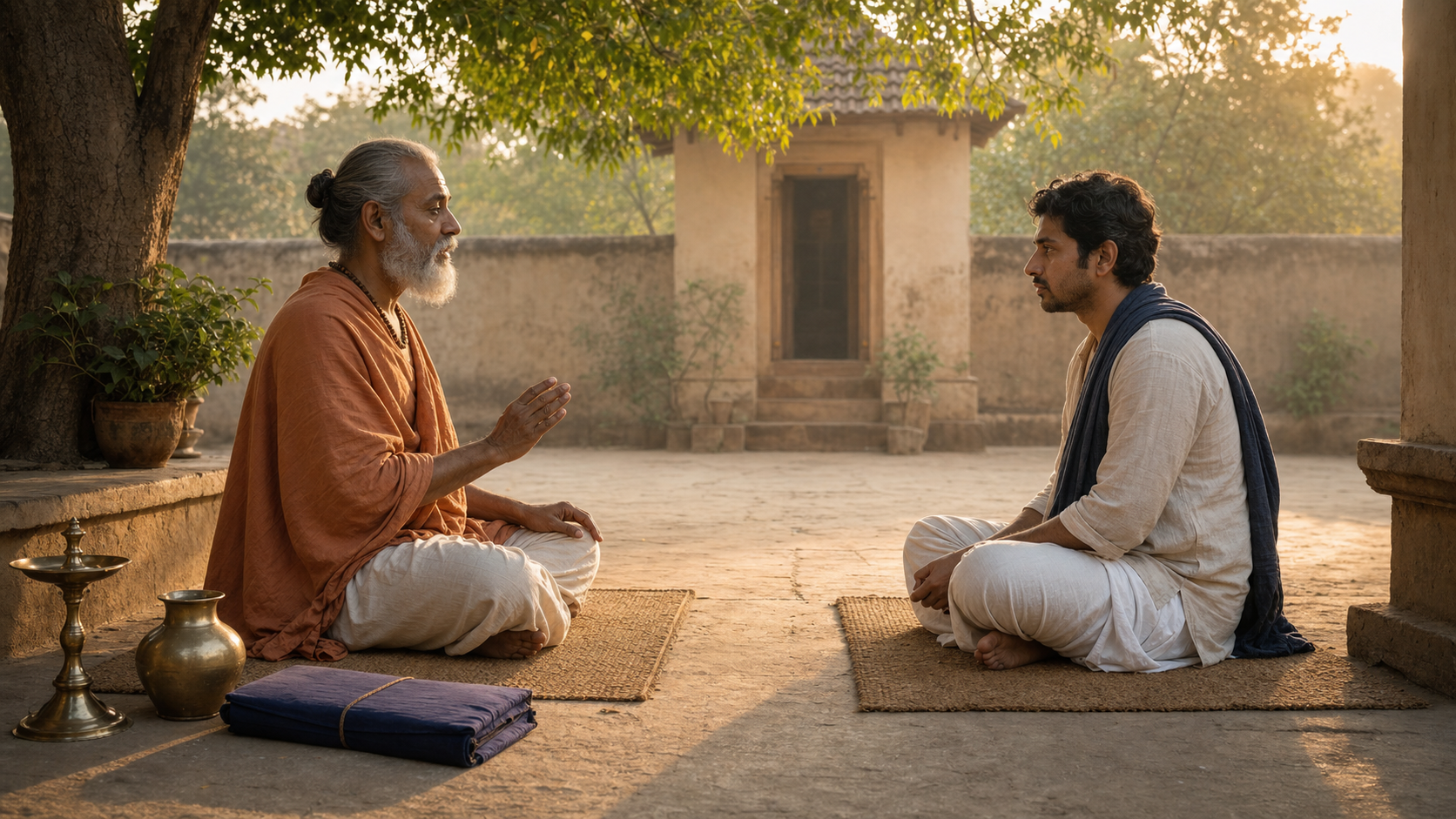 An adult practitioner listens to an older Vedic teacher in a quiet courtyard at dawn, with a lamp, water vessel, and closed cloth-wrapped manuscript nearby.