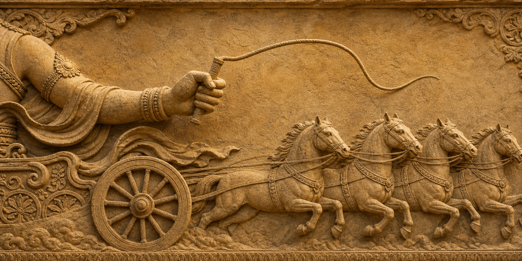 Sandstone relief of a celestial charioteer holding a short-handled curved lash beside a chariot wheel and moving horses.