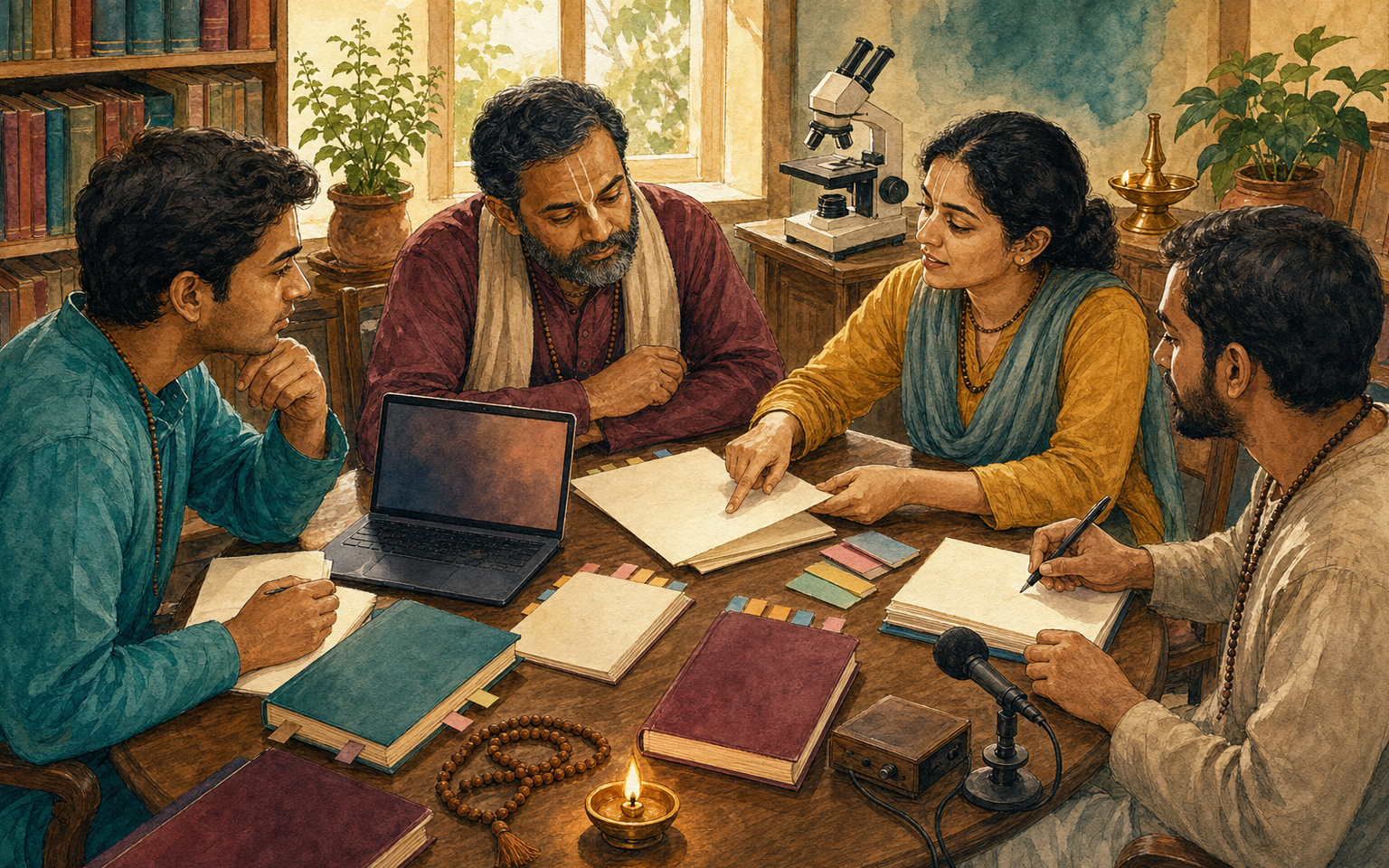 Four Vaishnava team members review a recorded lecture, reference books, and draft pages together in a temple library workspace.