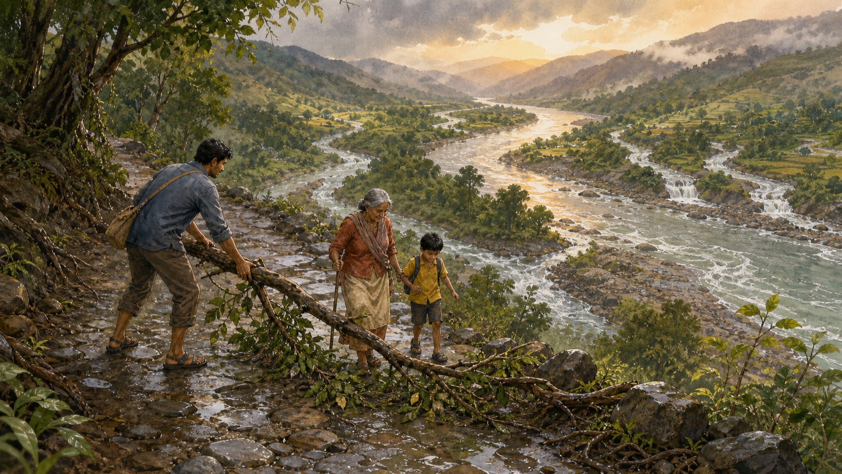 Several tributaries join a broad river as a traveler removes a fallen branch from a wet stone path for an older person and a child.
