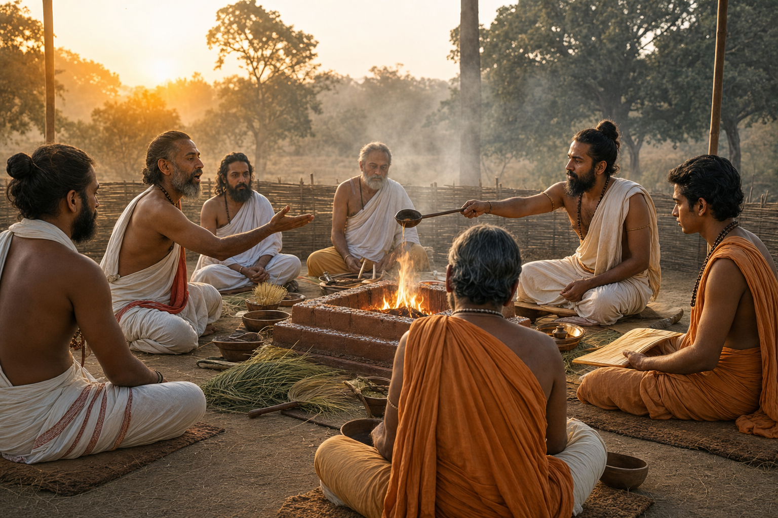 Vedic ritual priests coordinate a brief spoken formula and an offering around a glowing fire altar at dawn.