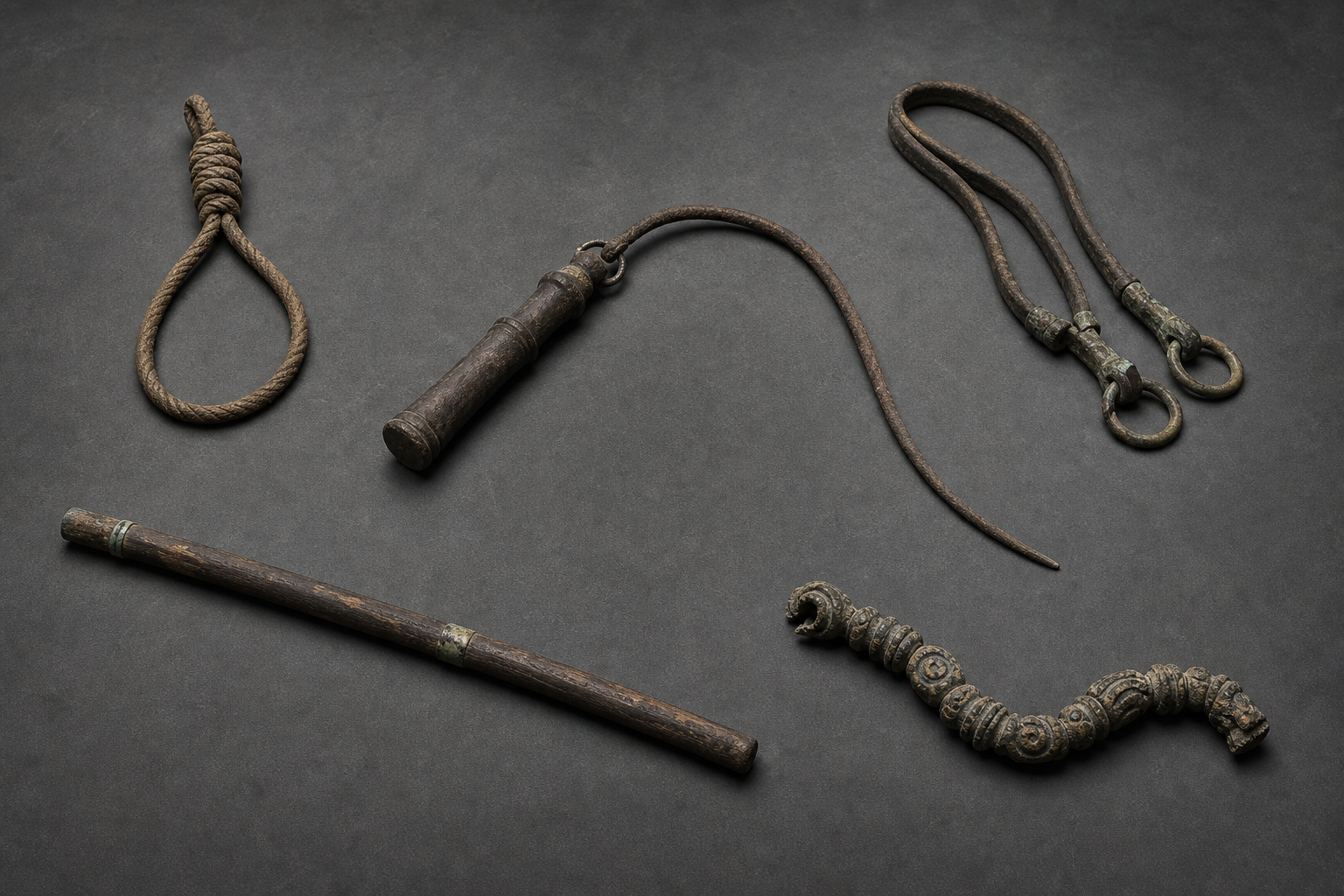 Museum-style arrangement comparing a short-handled whip with a noose, reins, a straight staff, and a broken ornamental strand.