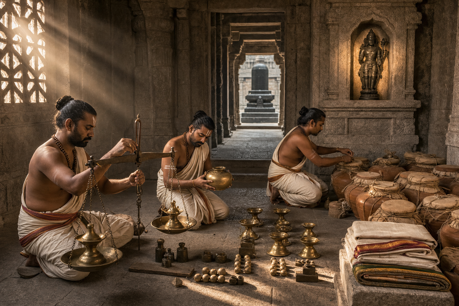 Temple custodians weigh and arrange bronze lamps, ritual vessels, textiles and sealed jars beneath a niche containing Chandesha's guardian image.