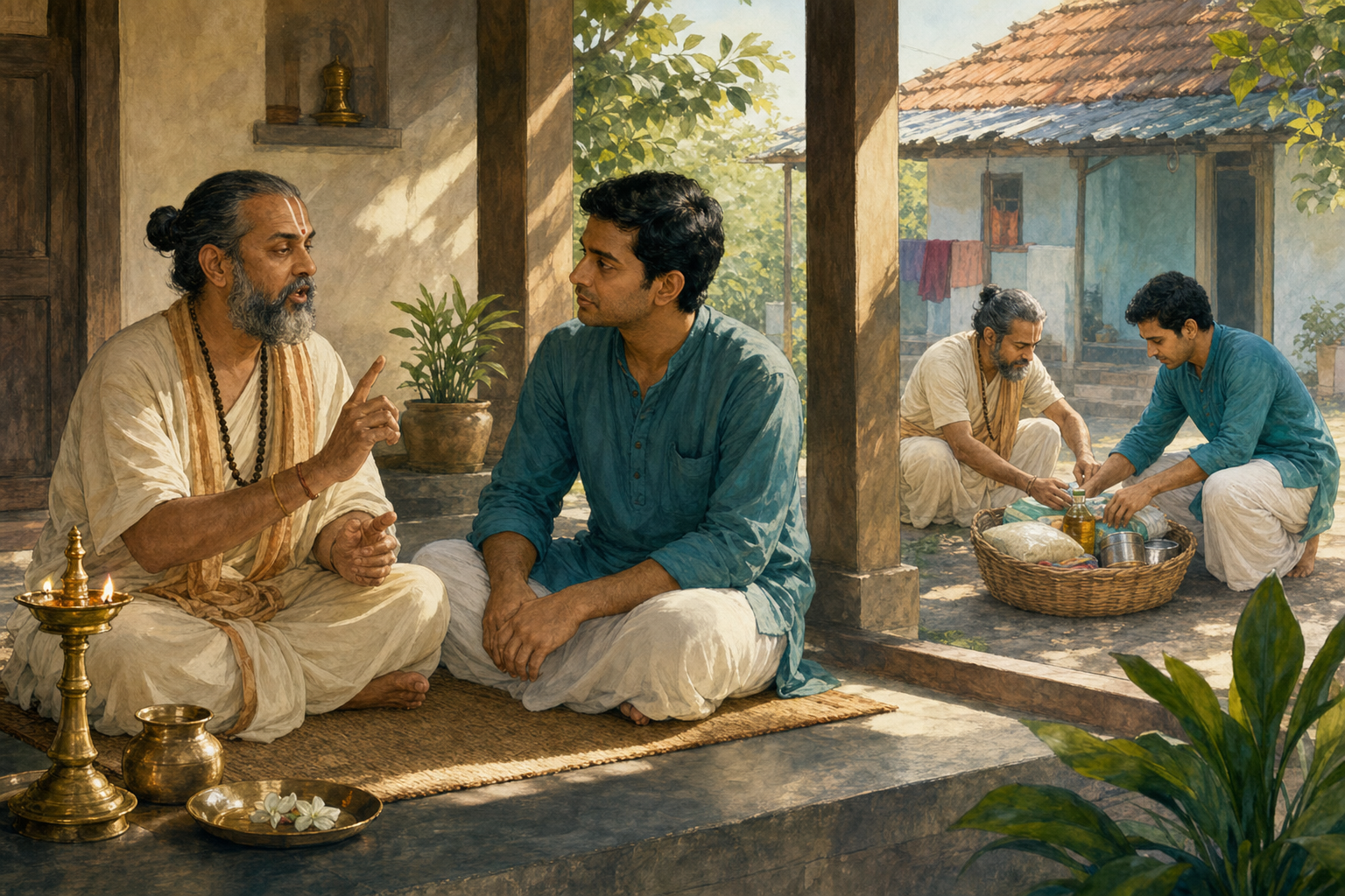 A teacher guides a student in oral recitation beside a simple practice space and a basket of household supplies prepared for service.