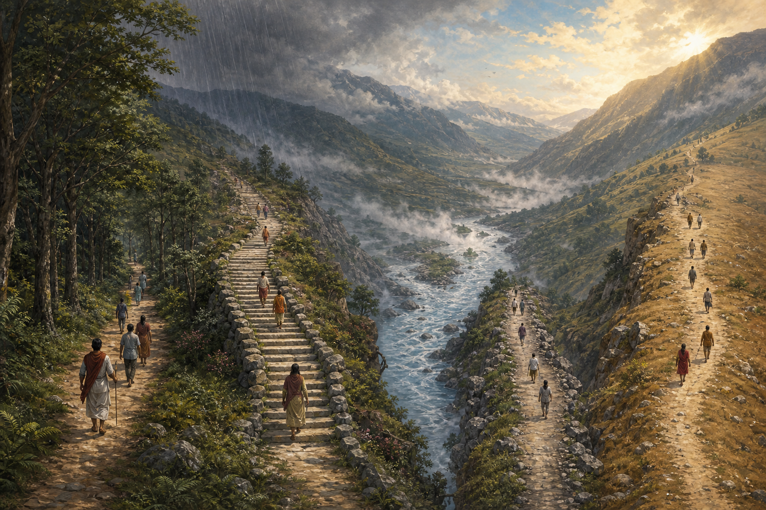 Four separate paths with travelers cross different parts of a mountain valley beneath rain, mist, and sunlight.