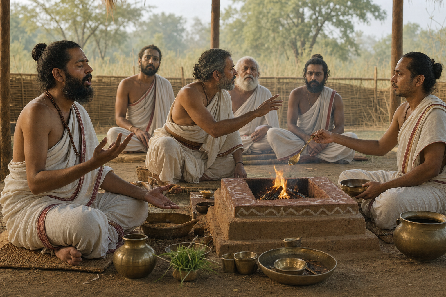 A seated priest gives a brief spoken cue between a reciter and an officiant preparing an offering.