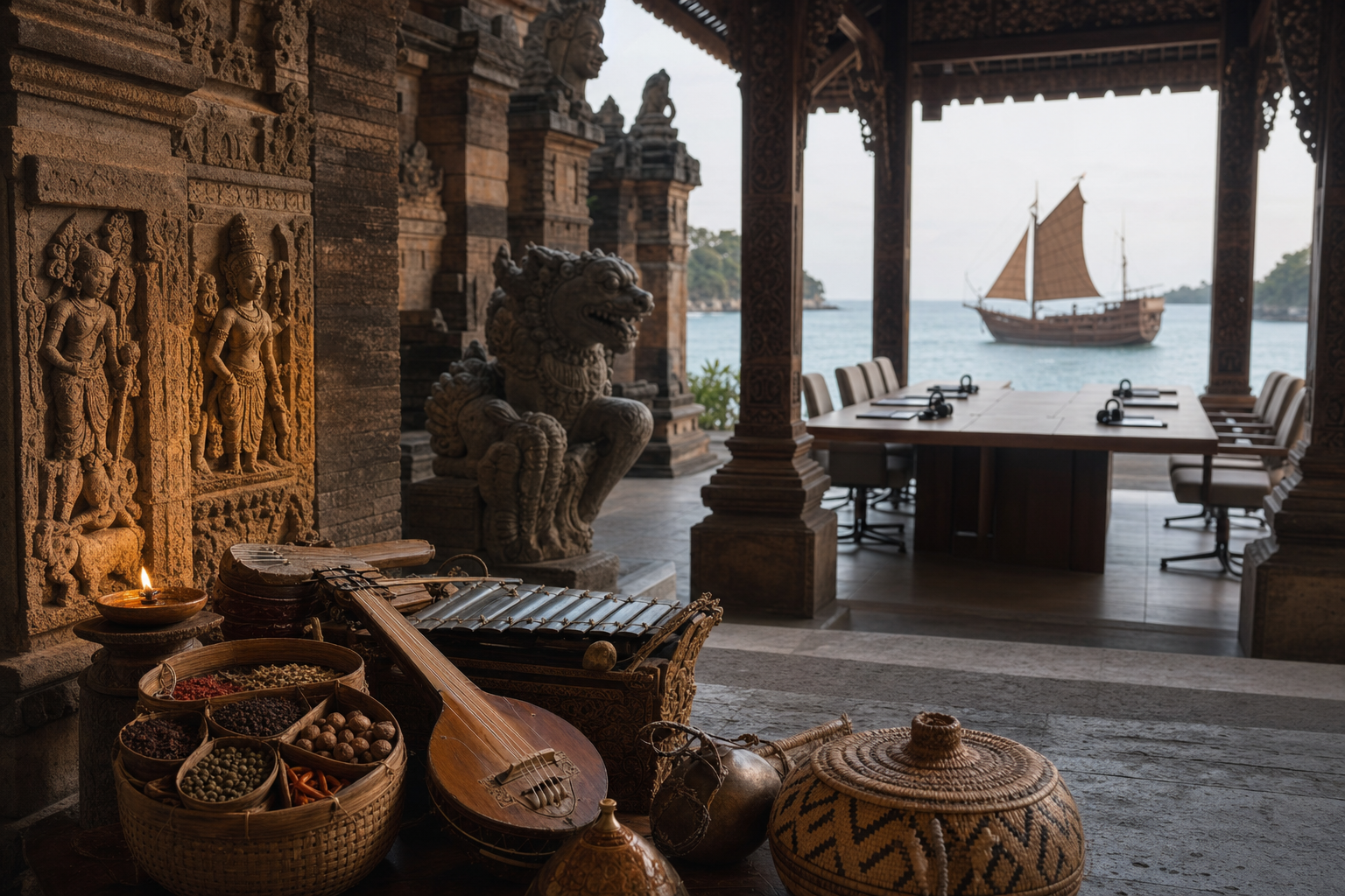 An ancient coastal pavilion with carved stone, a wooden trading ship, instruments and spices opens onto a modern diplomatic meeting table.
